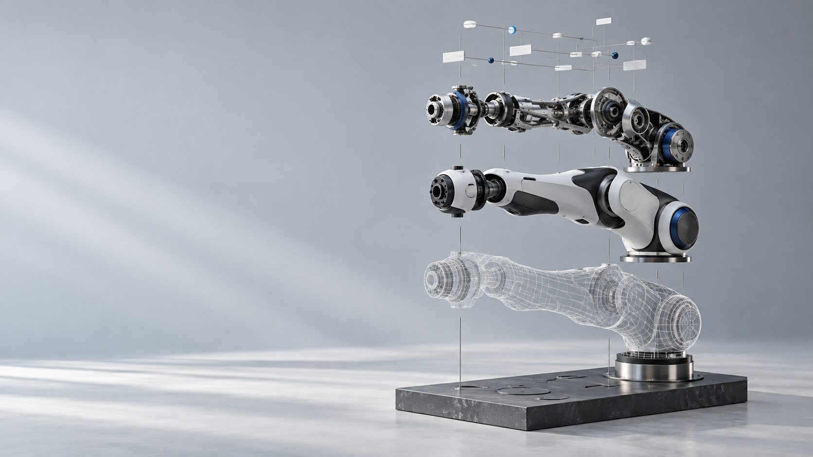 An articulated robotic arm separated into semantic, articulation, material, mesh and metadata layers